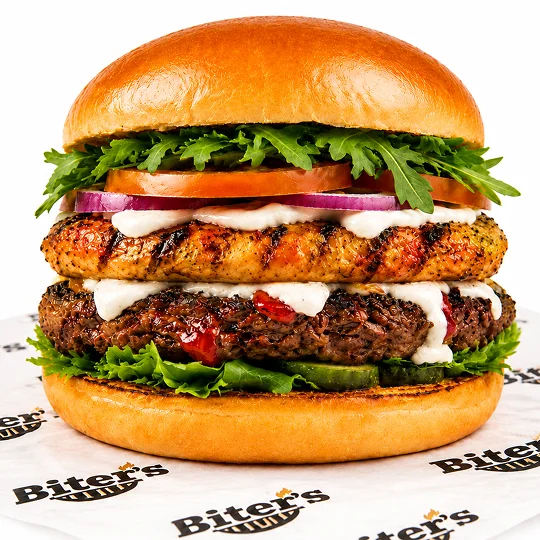 Big Boy burger with beef patty, cheese, lettuce, tomato and onions