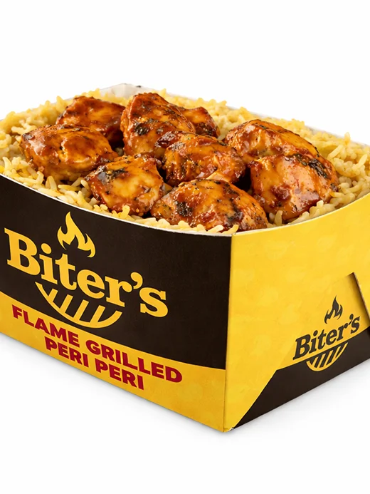 Chicken and rice meal served in a Biters container
