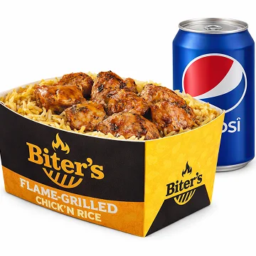 Chicken and rice meal served with a soft drink