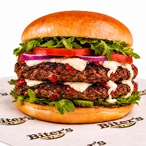 Biters special burger with beef patty, cheese, lettuce and onions