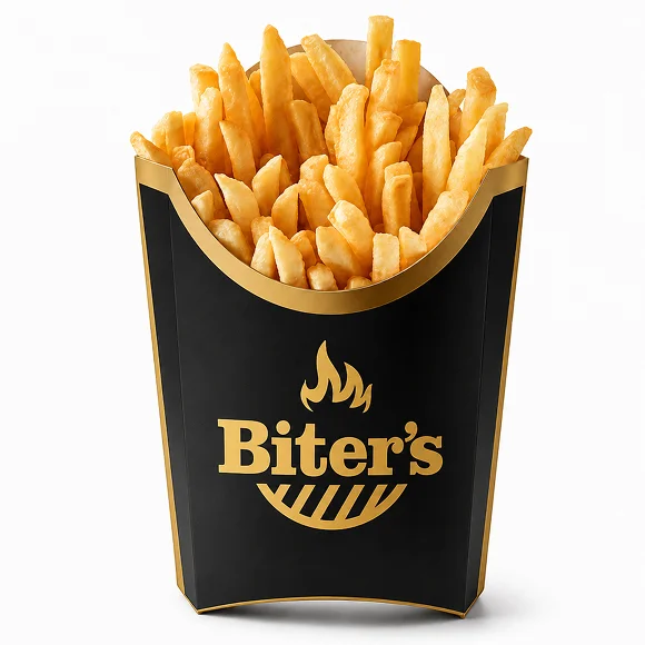 Large serving of crispy fries in a Biters container